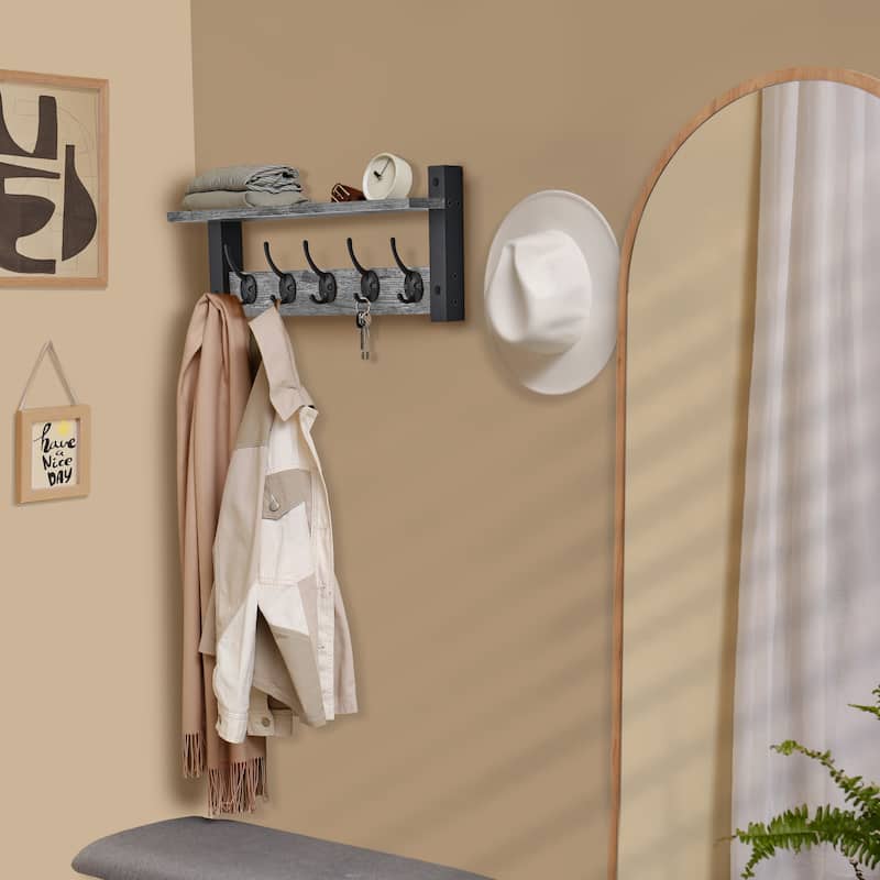 Sorbus Coat Hooks Wall Mount Floating Shelf with 5 Heavy Duty Hooks, Large and Extra Large