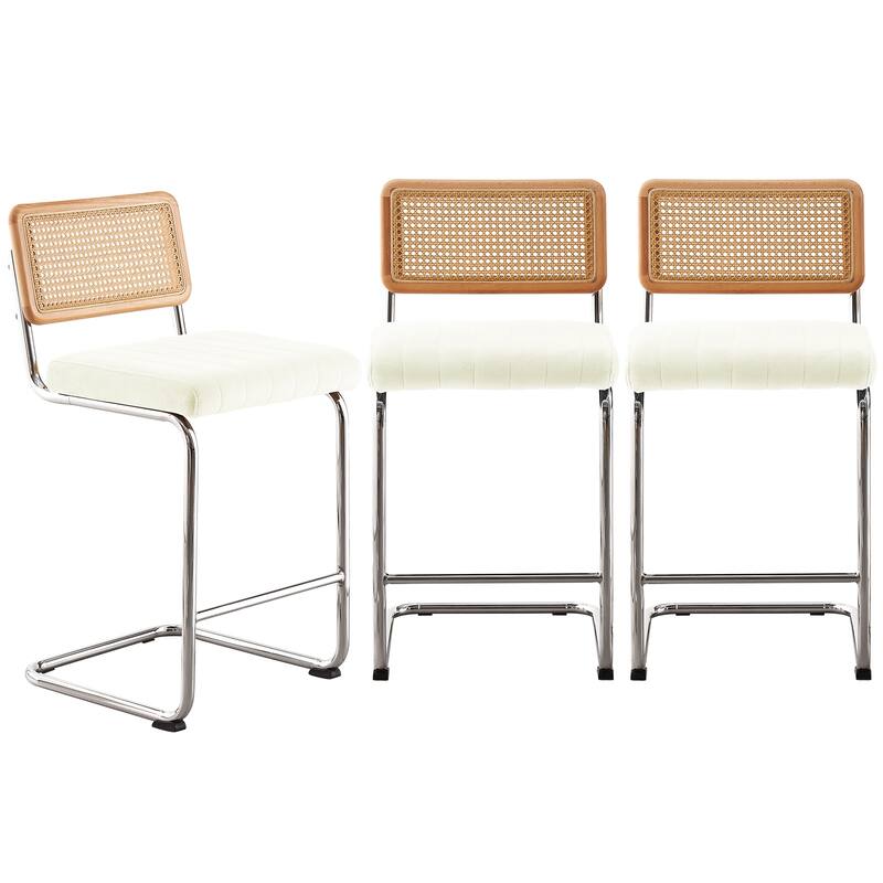 Velvet Upholstered Rattan Counter/Bar Stools, Set of 2/3 - Set of 3 - 26" White-Silver Legs