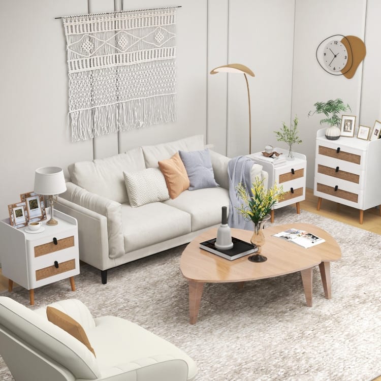 Modern End Table with Wide Top and 2 Rattan Storage Drawers - 17.5" x 15.5" x 22.5"