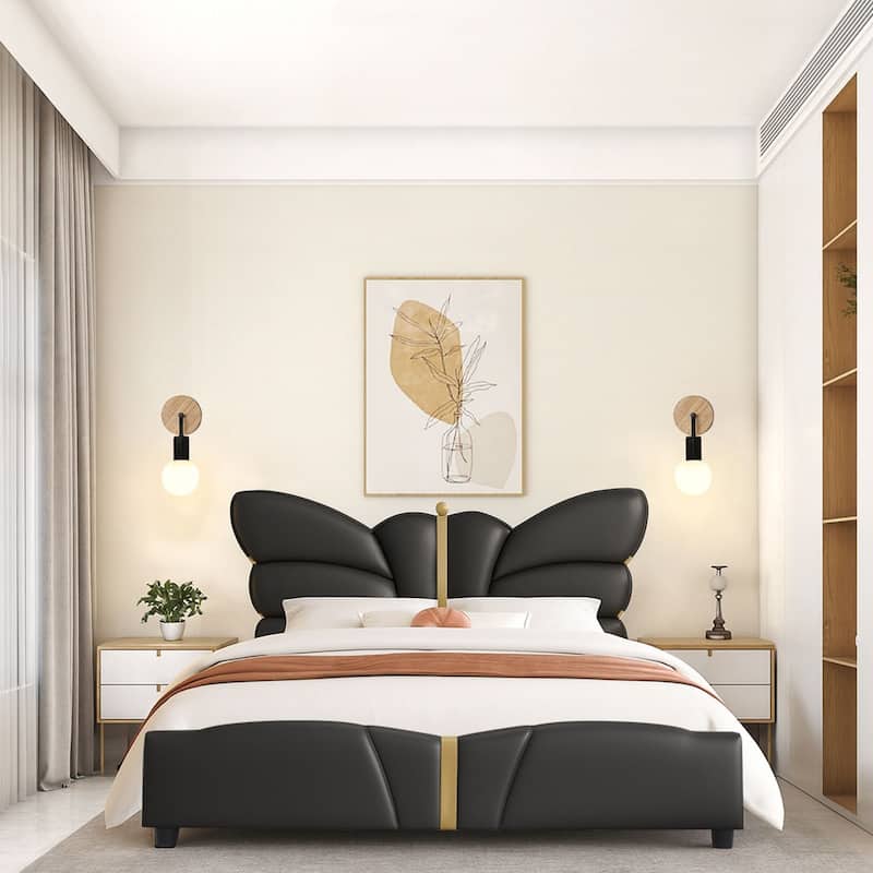 Stylish PU Leather Upholstered Platform Bed - No Box Spring Needed - Black - Queen