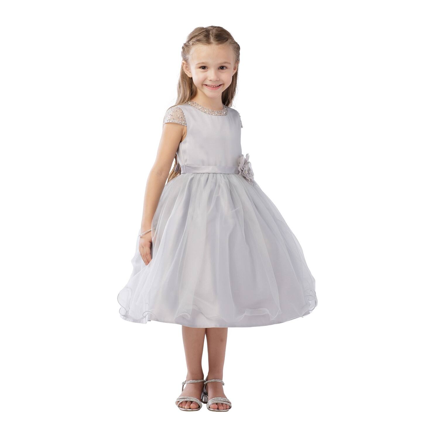 Shop Girls Silver Beaded Cap Sleeve Wire Hem Junior Bridesmaid