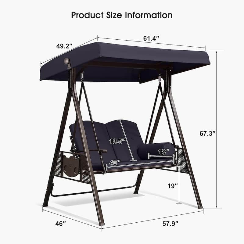 PURPLE LEAF Outdoor Patio Porch Swing with Stand, 2-seat Swing Chair with Adjustable Tilt Canopy All-Weather Steel Frame