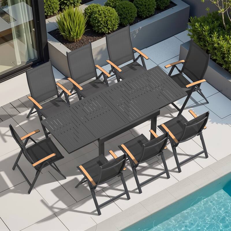 5/7/9/11-Piece Outdoor Patio Dining Set Aluminum Extendable Rectangular Dining Table with Adjustable Back Folding Chairs - Black - Set of 9