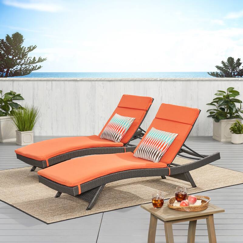 Salem Outdoor Wicker Lounge with Water Resistant Cushion (Set of 2) by Christopher Knight Home - Grey + Orange