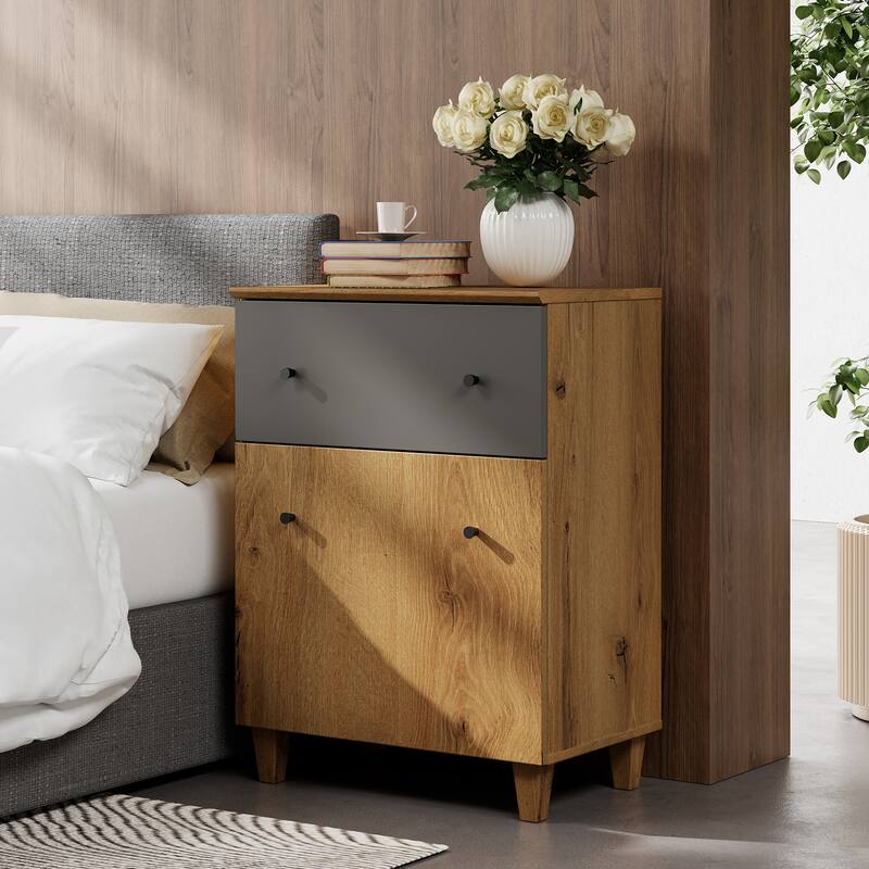 Tall Nightstand with Drawer and Door for Bedroom, 32.4"H