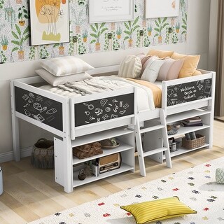 Twin Size Low Loft Bed with Ladder,Decorative Guardrail Chalkboard and Two Movable Shelves