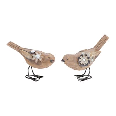 Floral Leaf Wing Bird Figurine - 5.75" - Set of 2