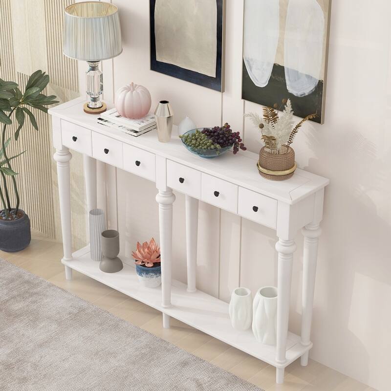 Retro Console Table with Open Shelf and 4 Drawers for Entryways