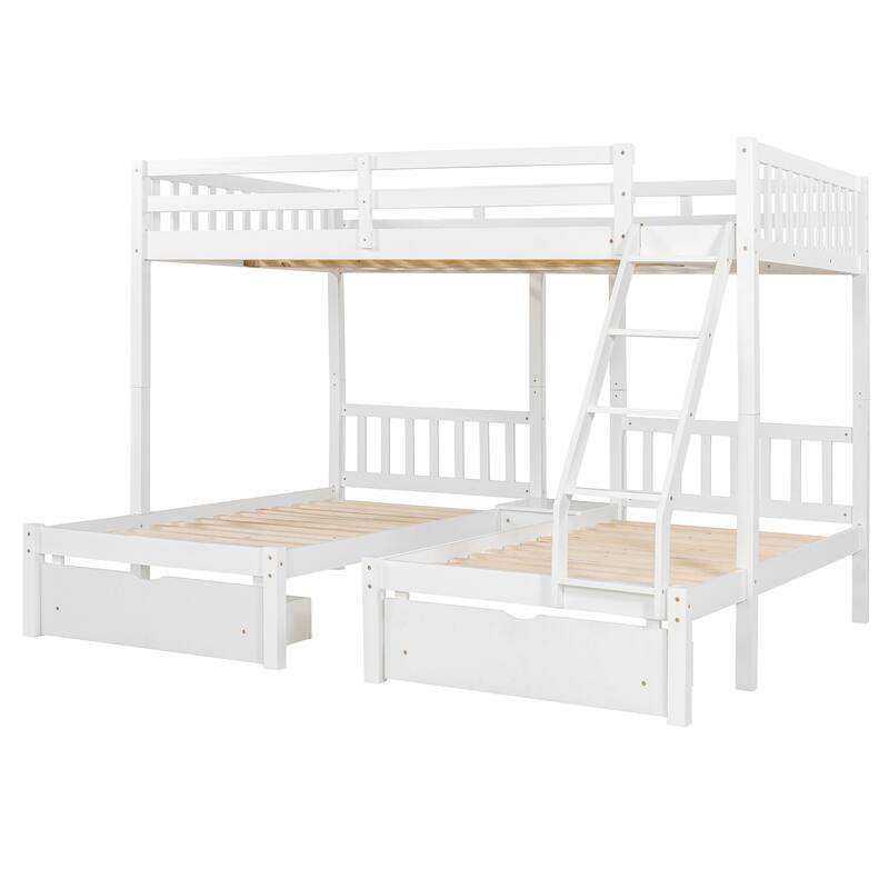 White Wood Triple Bunk Bed with Drawers, Full Over Twin & Twin, Guardrails Included