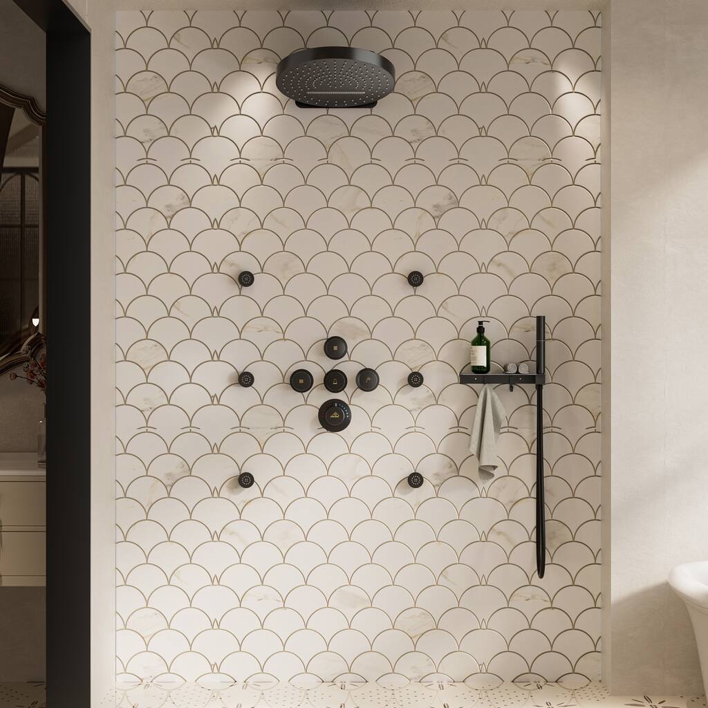 CASAINC Thermostatic 4 Functions 12 inch Rainfall Showerhead with Handheld Spray & 6 Body Jets Set Rain Shower System