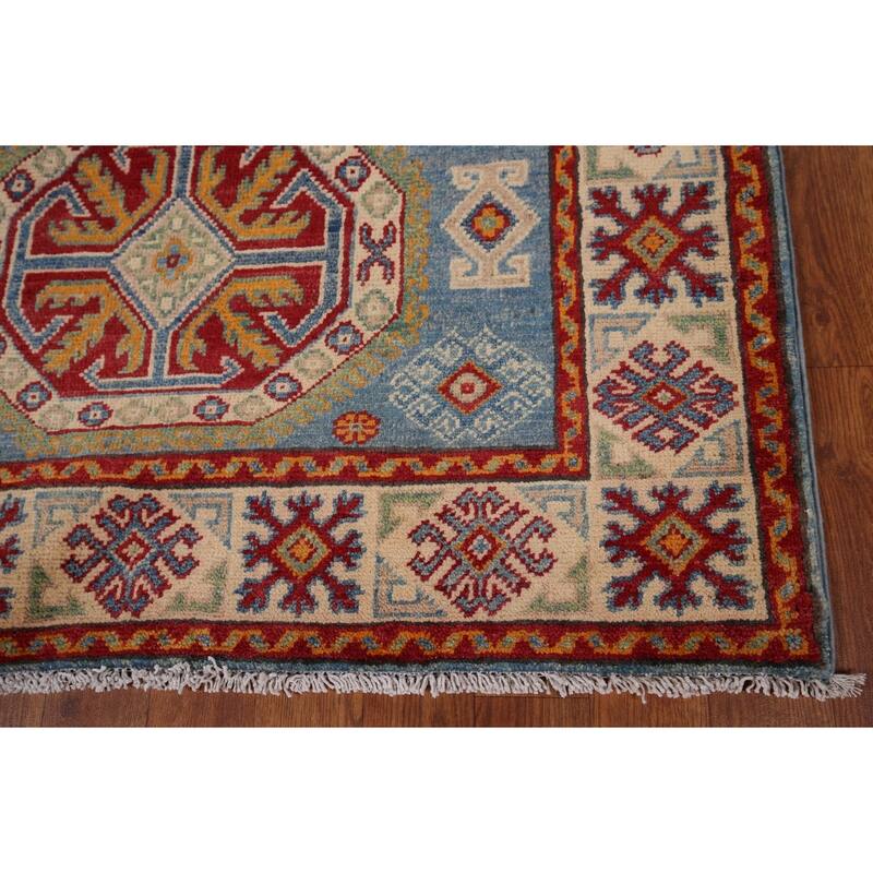 Blue Geometric Kazak Foyer Rug Hand-Knotted Wool Carpet - 3'5" x 4'11"