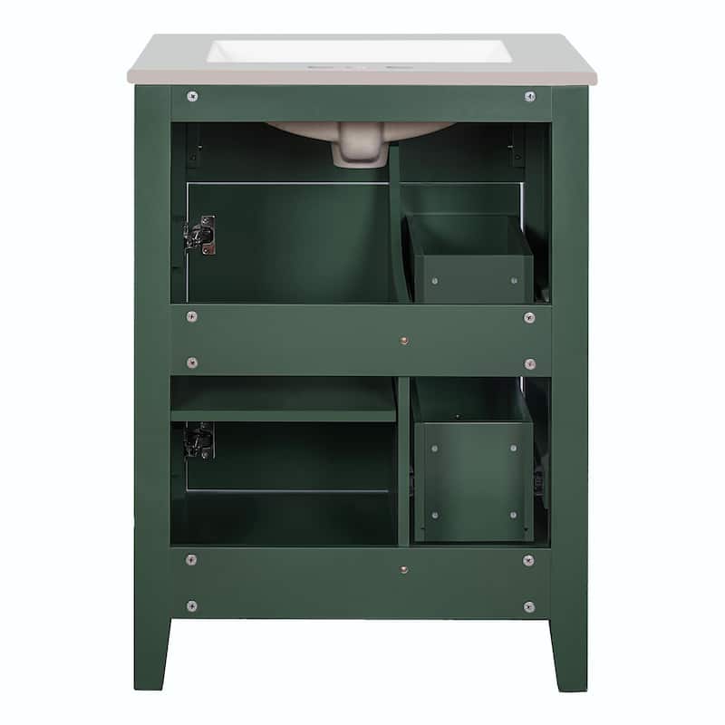 24" Modern Bathroom Vanity with Ceramic Basin - Restroom Sink Cabinet with 2 Drawers