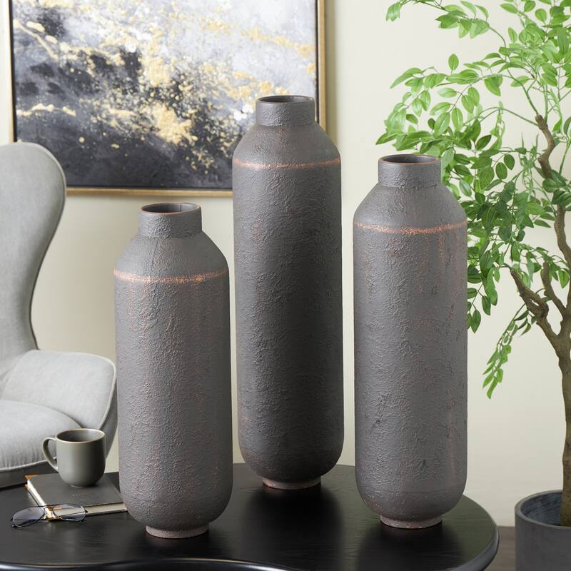 Dark Brown Metal Floor Decorative Vase with Copper Accents (Set of 3) - Dark Brown