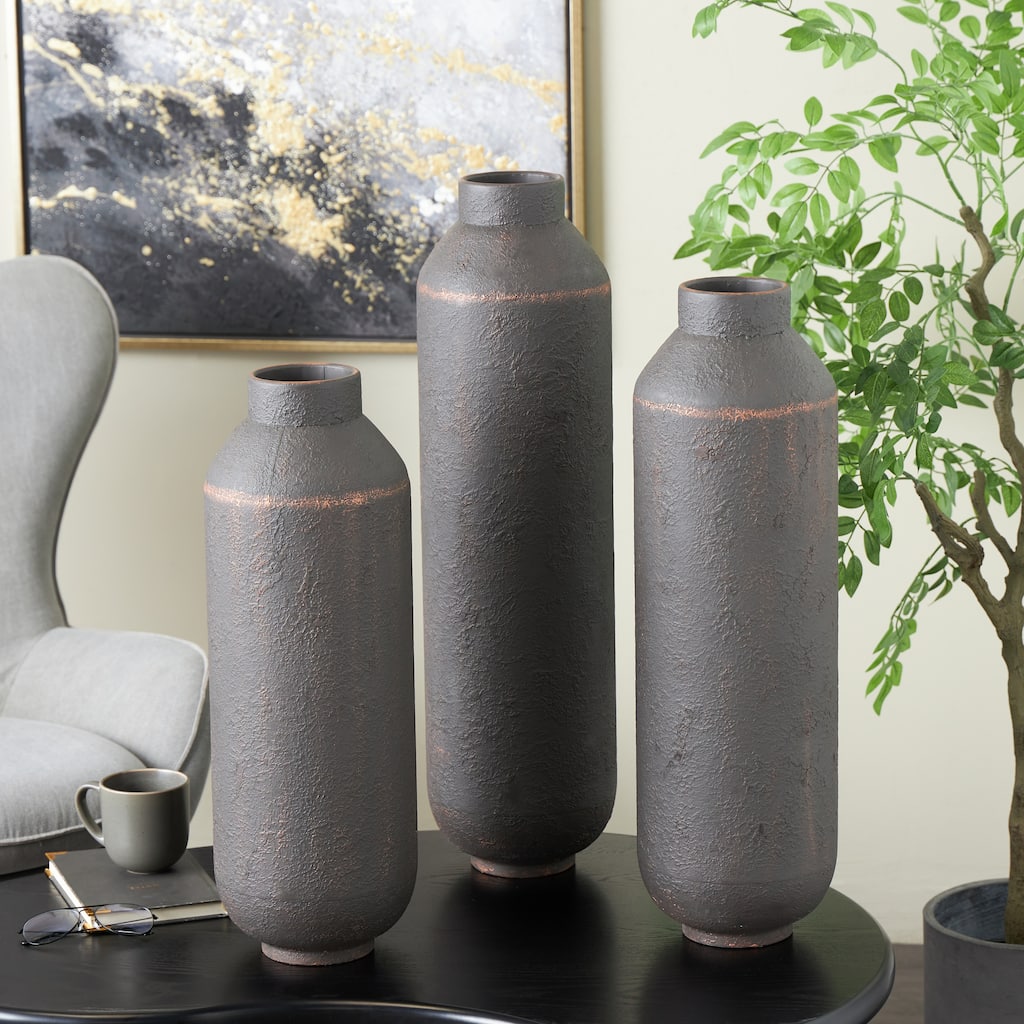 Dark Brown Metal Floor Decorative Vase with Copper Accents (Set of 3)