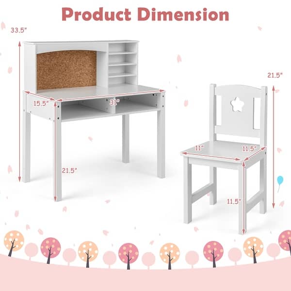 dimension image slide 0 of 2, Costway Kids Desk and Chair Set Study Writing Workstation with Hutch & - See Details