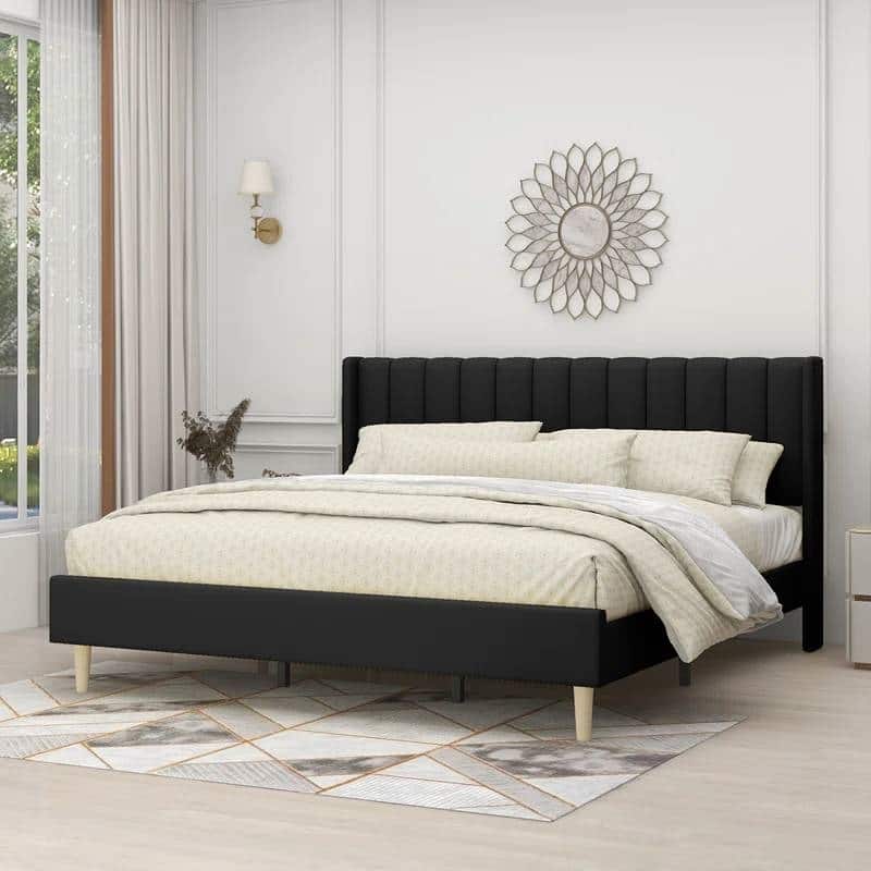 Modern Velvet Upholstered Platform Bed Frame with Padded Headboard and Wooden Slats - Black - King