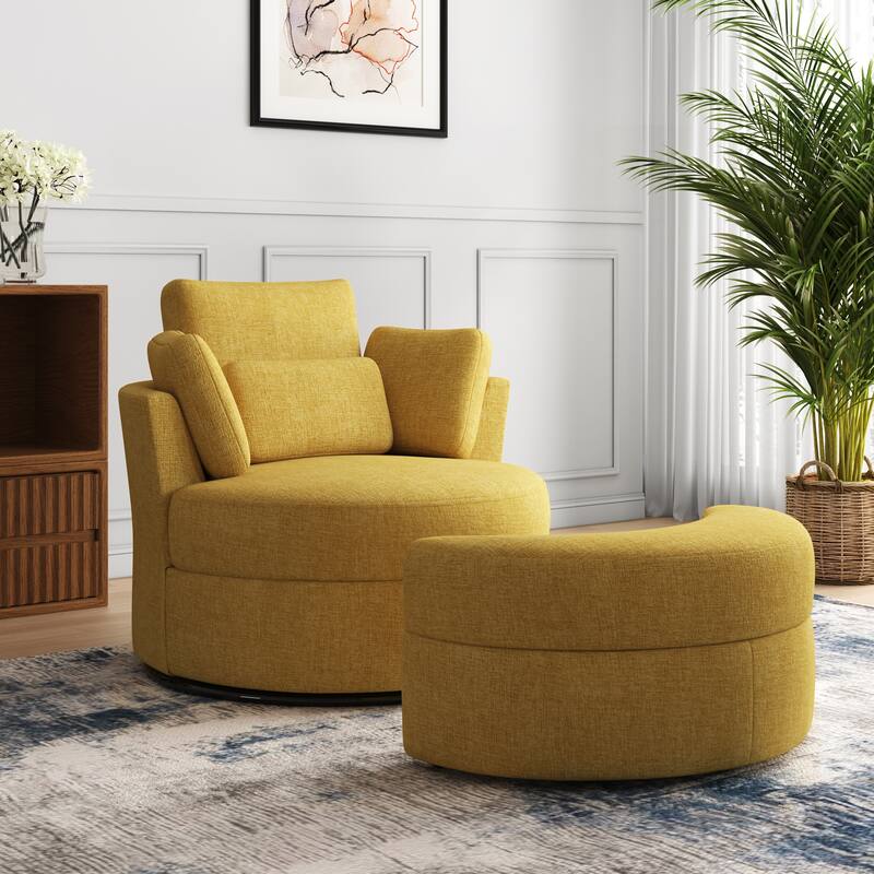 Oversized Upholstered Swivel Barrel Chairs with Storage Ottoman