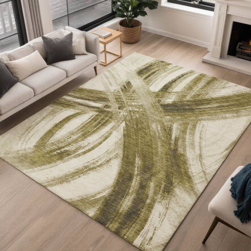 Machine Washable Indoor/ Outdoor Abstract Brushstroke Chantille Rug