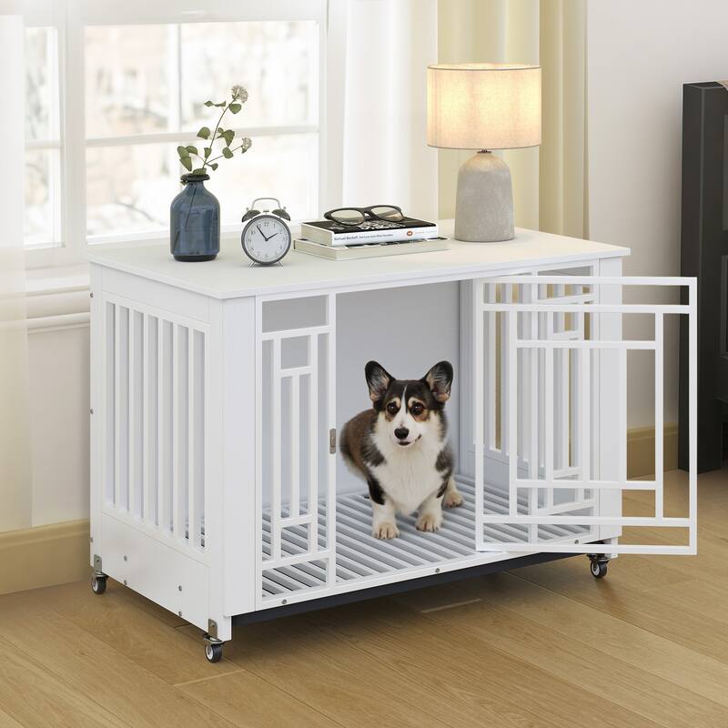 Dog Crate 32"/36" Furniture Wooden Side End Table with Wheels And Tray