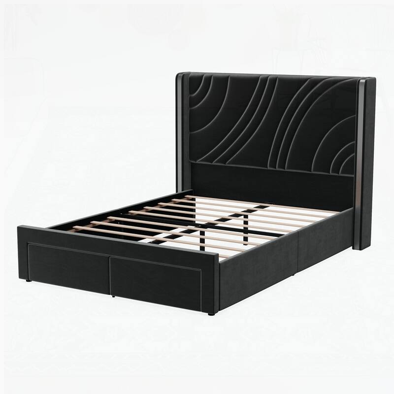 Velvet Platform Bed with Wingback Headboard and RGB Light