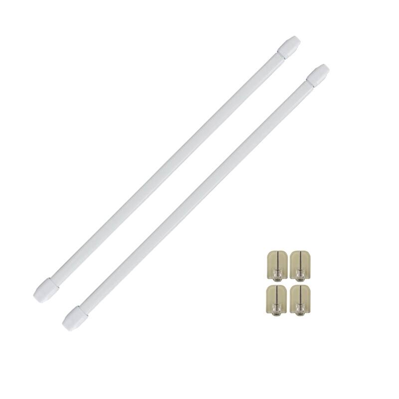 Bundle 2 Cafe Curtain Rods with 4 Self Adhesive Matching Hooks - 16" to 24" - White and Clear Hooks