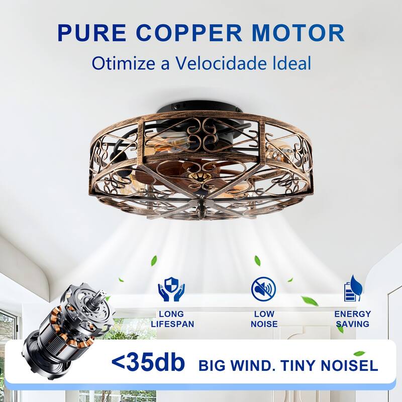 Cusp Barn 20'' Industrial Flush Mount Ceiling Fan with Lights and Remote, Rustic Reversible DC Motor 6 Speeds Caged Ceiling Fan