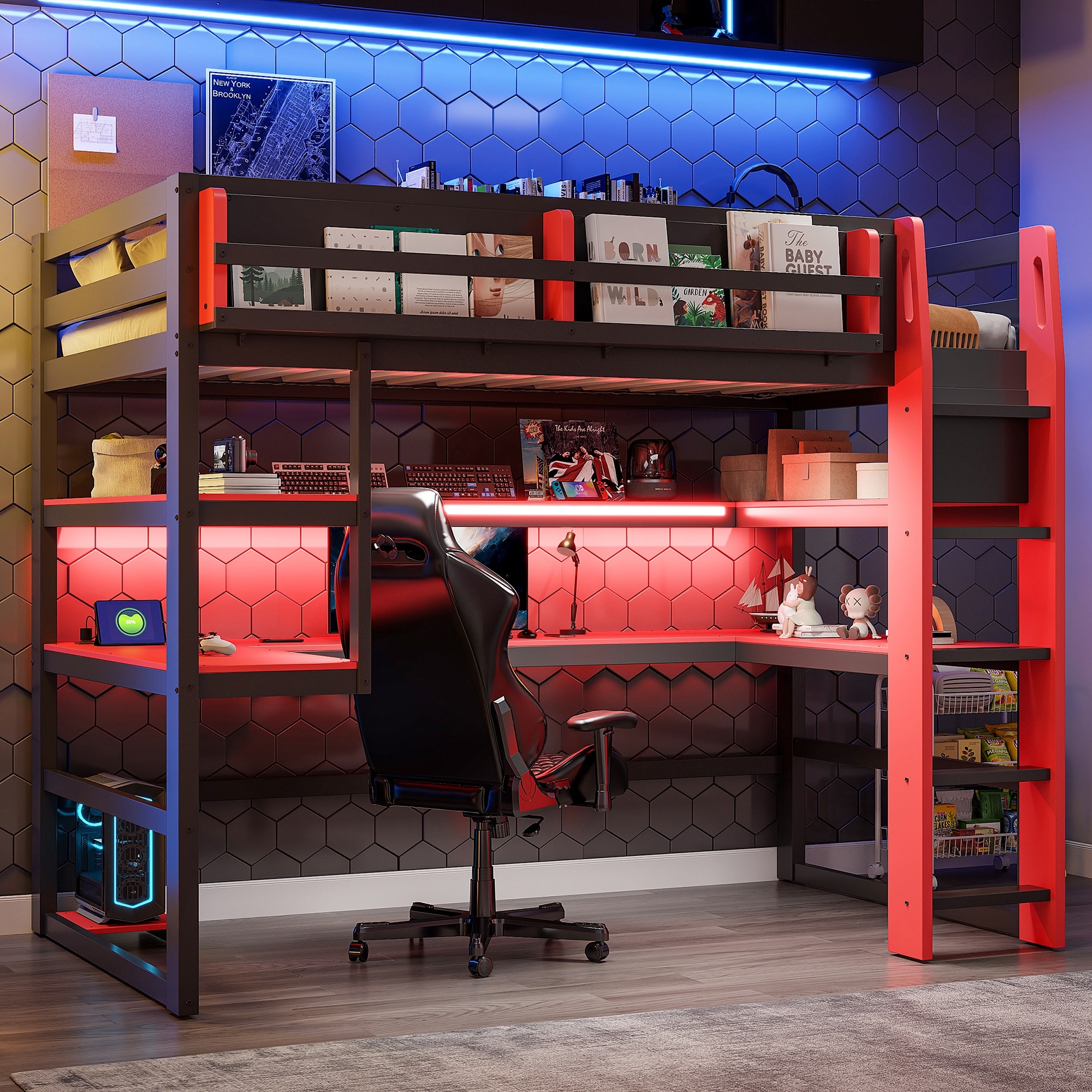 Wood Loft Bed Frame with Desk, Storage Shelves & RGB Light