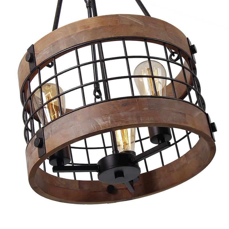 Anmytek Modern Farmhouse 3-Light Wood Drum Chandelier Round Metal Pendant Lights for Dining Room - 14" D x 24" H