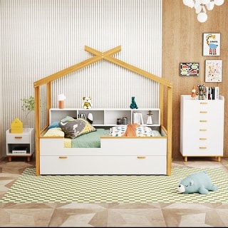 Full Size Wooden House Bed with Trundle and Bookshelf Storage Space ...