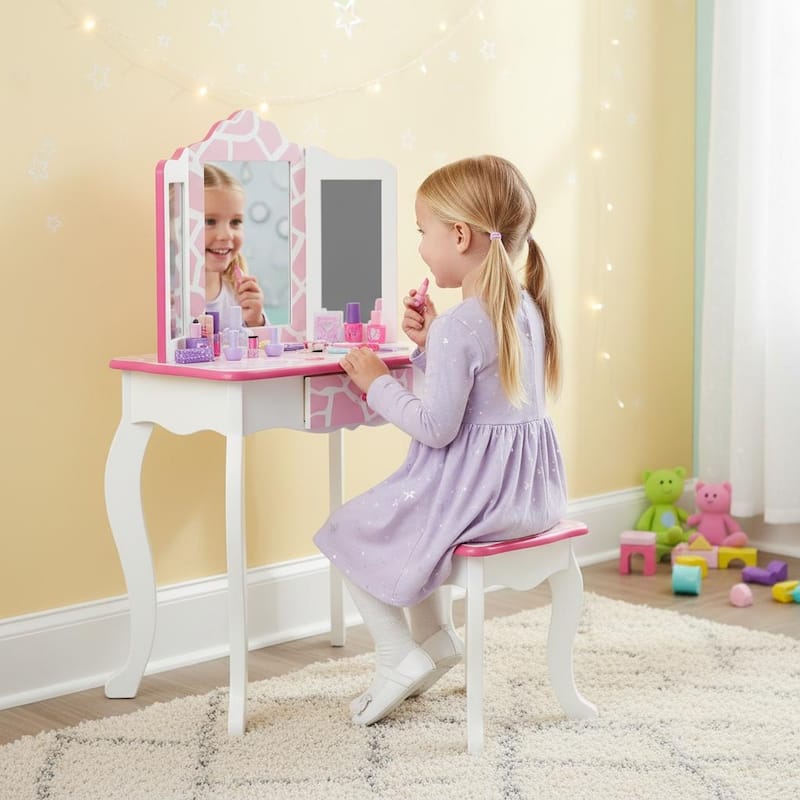 Teamson Kids Wooden Play Vanity Set with Tri-Fold Mirror, Storage Drawer and Stool, Kids Dressing Table for Girls Ages 3-5 - White