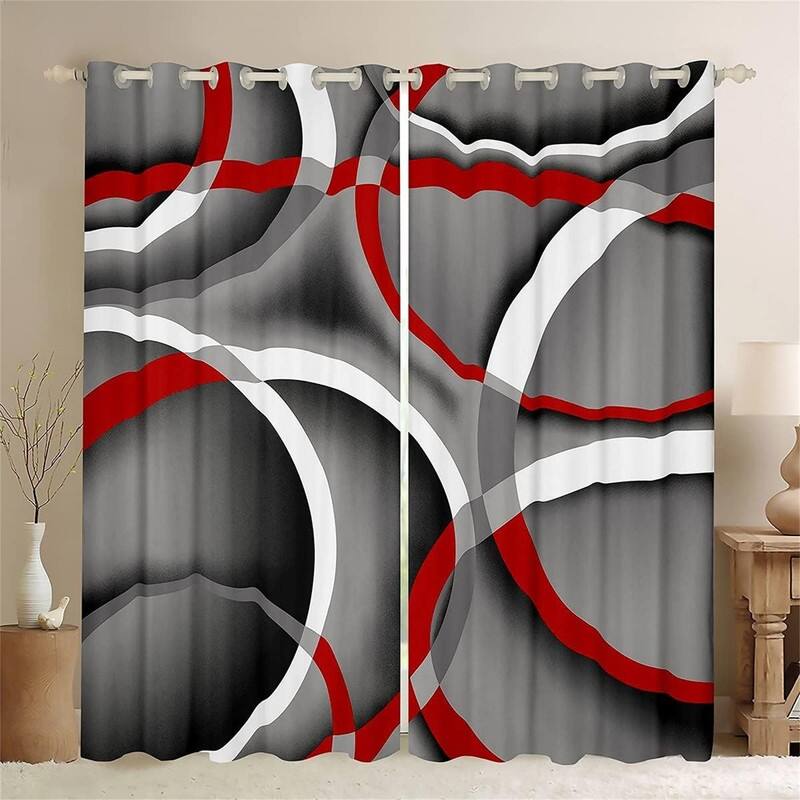 Red Geometric Grommet Curtains 42x84" Retro