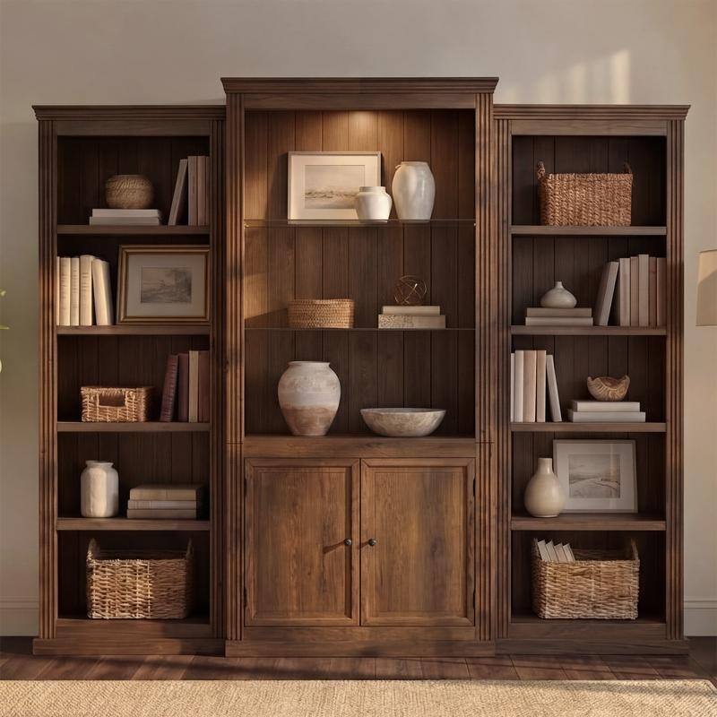 Farmhouse 3-Piece 78.75"Tall Bookcase Cabinet with and 4-Tier Display Shelf Adjustable LED Lighting