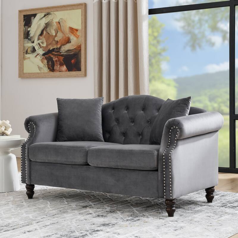 Chesterfield 2-Seat Sofa with Nailhead Trim, Velvet Upholstery, and Solid Wood Frame - Perfect for Living Room or Office - Grey