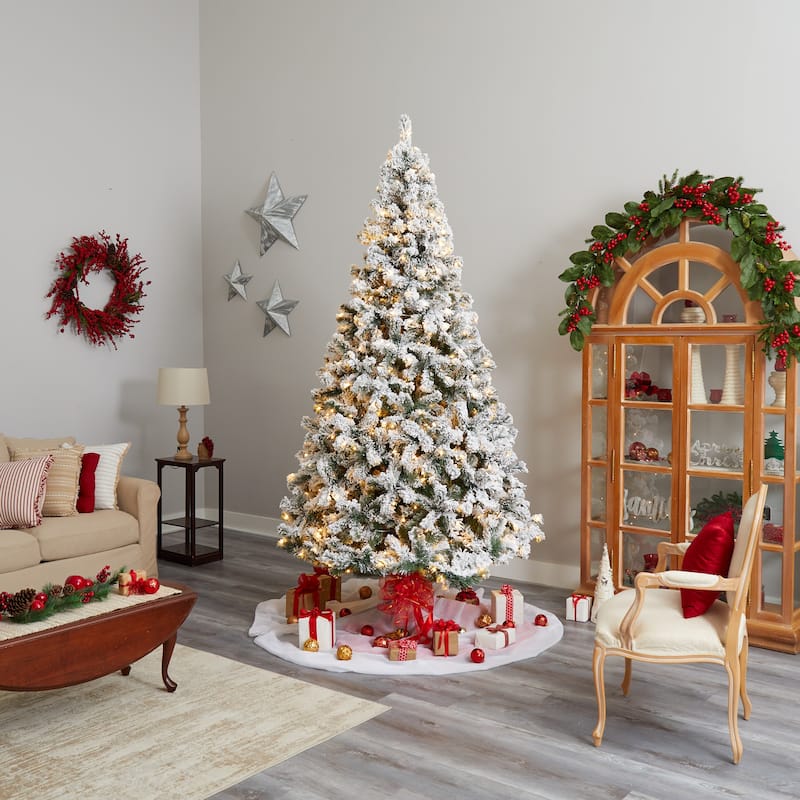 10' Pre-Lit Flocked West Virginia Fir Artificial Christmas Tree, Warm Clear LED Lights - over-10-feet