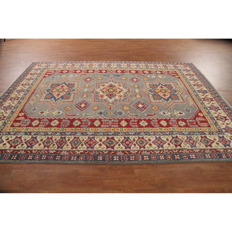 Geometric Kazak Area Rug Hand-Knotted Living Room Wool Carpet - 6'8" x 9'7"