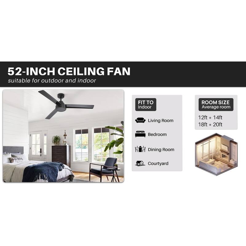 52 inch Modern Ceiling Fan With Remote Control(No Light),6 WInd Speed,Reversible Airflow
