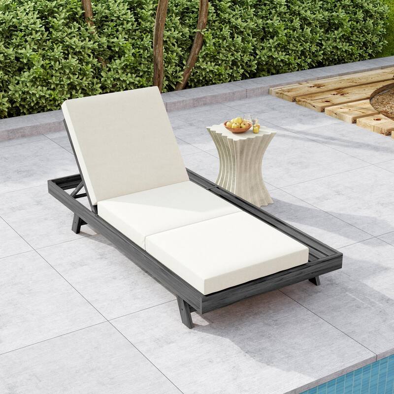Outdoor Patio Acacia Wood Chaise Lounge Chair with Adjustable Backrest, Side Open Storage and Water-Repellent Cushions