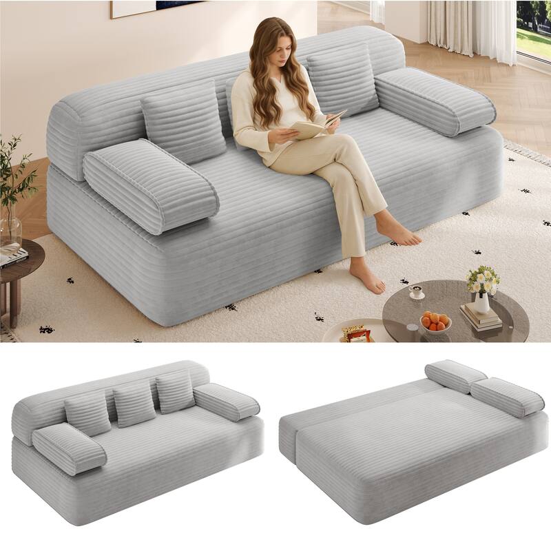 78.7-Inch Convertible Sofa Bed, 2-in-1 Frameless 3-Seater Couch with Plush Corduroy Fabric for Small Spaces - Light Grey