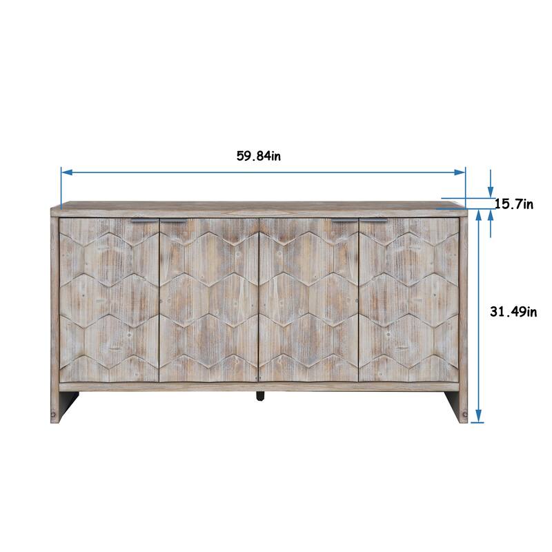 Sideboard with Textured Hexagon Doors, Multifunctional Wooden Buffet Cabinet, Accent Cabinet with Adjustable Shelves