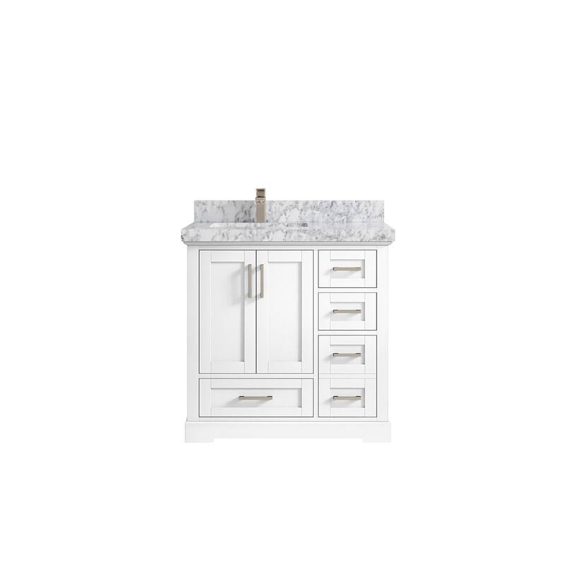 Willow Collections 36 x 22 Boston Left Offset Sink Bathroom Vanity with Quartz or Marble Countertop - 2"Carrara Marble - White