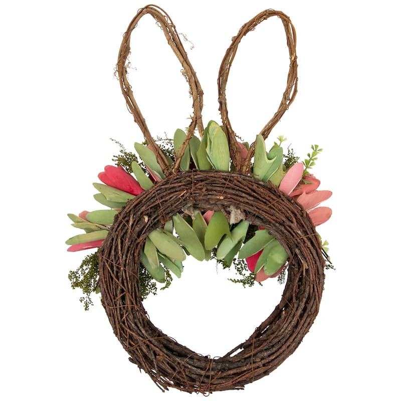 Wooden Floral Easter Bunny Ears Twig Wreath - 15"
