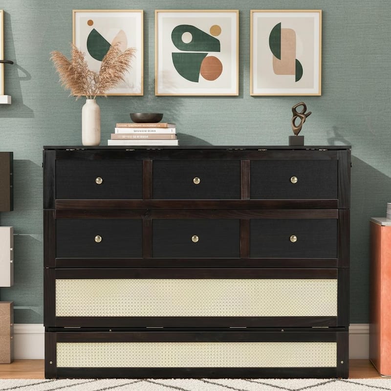 Convertible Full Size Murphy Bed Cabinet with Rattan Accents and Storage Drawer by Harper&Bright Designs