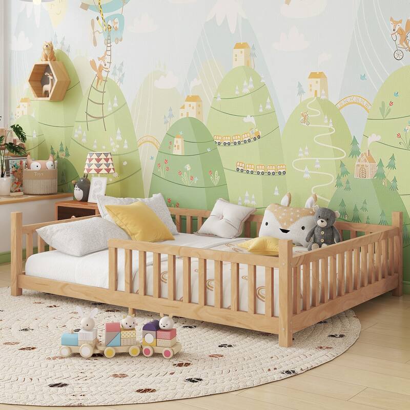 Full House Bed with Light, Low Floor Design, Fence and Roof for Kids, Natural Wood Finish
