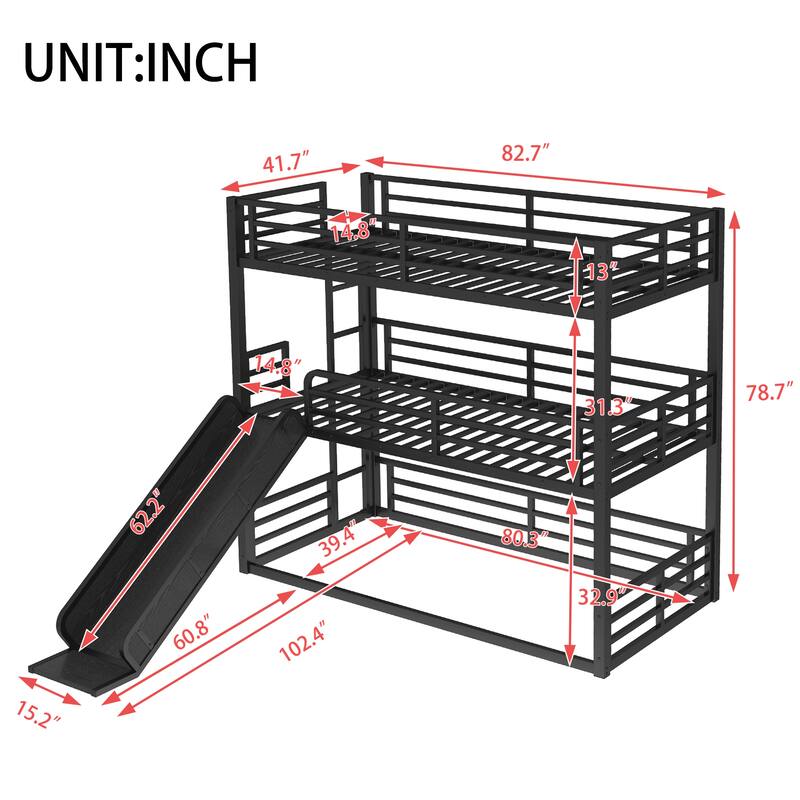 Metal Triple Bunk Bed Frame with Full Length Guardrail, Slide and Ladder, Heavy Duty Metal Slat Support, Noise Free
