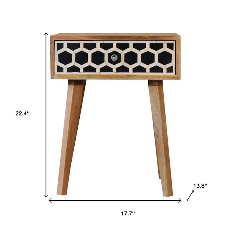 HomeRoots 22" Black White And Brown Solid Wood Geometric Bone Inlay One Drawer Nightstand