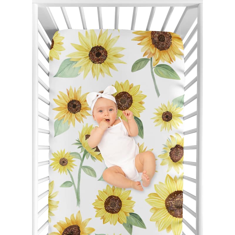 Sweet Jojo Designs Yellow, Green and White Boho Floral Sunflower Collection Girl Fitted Crib Sheet - Farmhouse Watercolor Flower