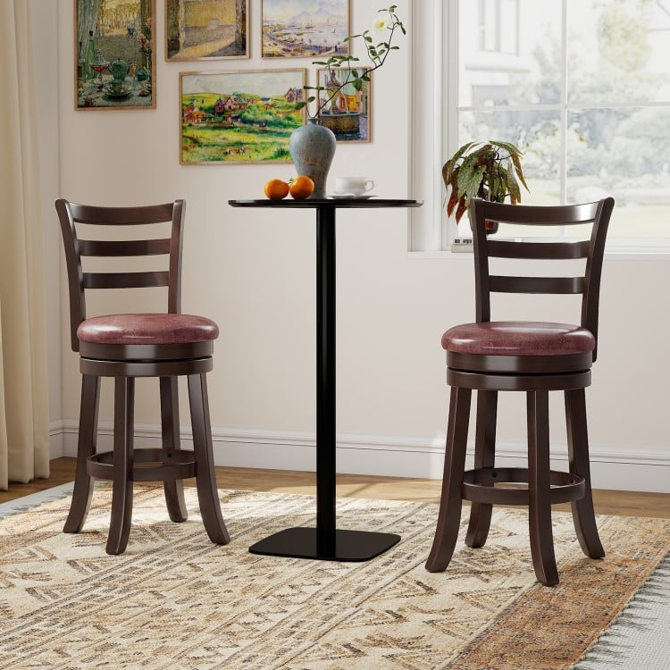 Set of 2 Cappuccino Rubber Wood MDF Swivel Bar Stools with Faux Leather and Footrest