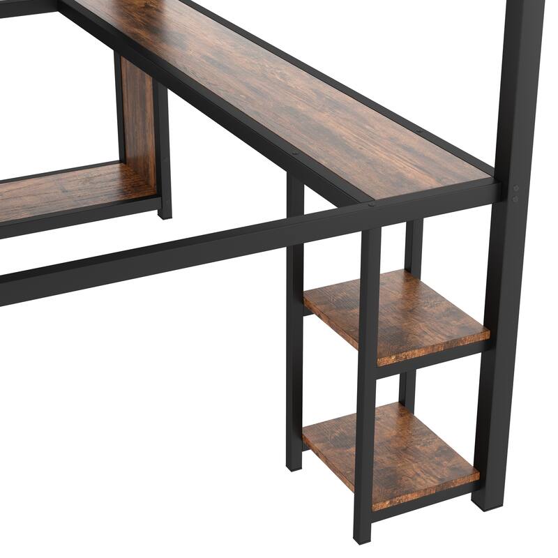 Queen Size Metal Loft Bed with Wardrobe, Desk, and Storage Shelves