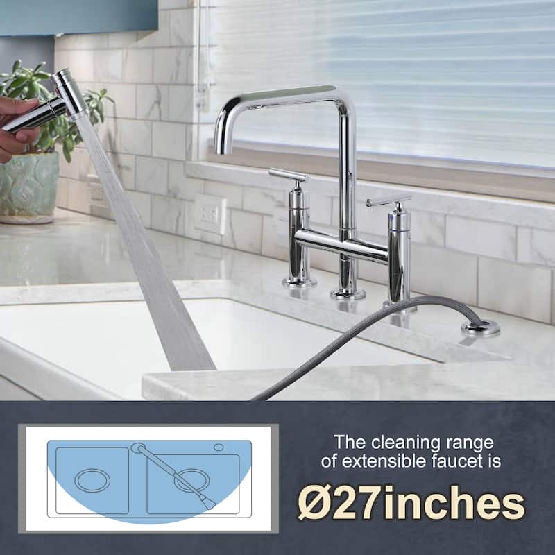 WOWOW Double Handle Bridge Kitchen Faucet with Side Sprayer