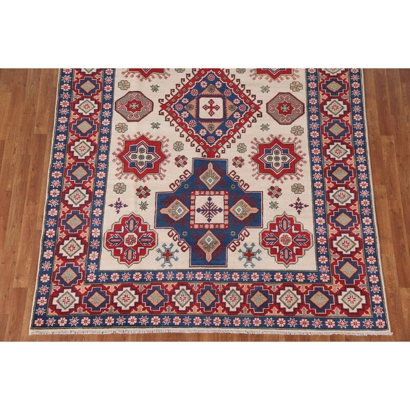 Hand Knotted Oriental 100% Wool Carpet Traditional Geometric Beige & Ivories Kazak Area Rug - 9' 7'' X 6' 7''
